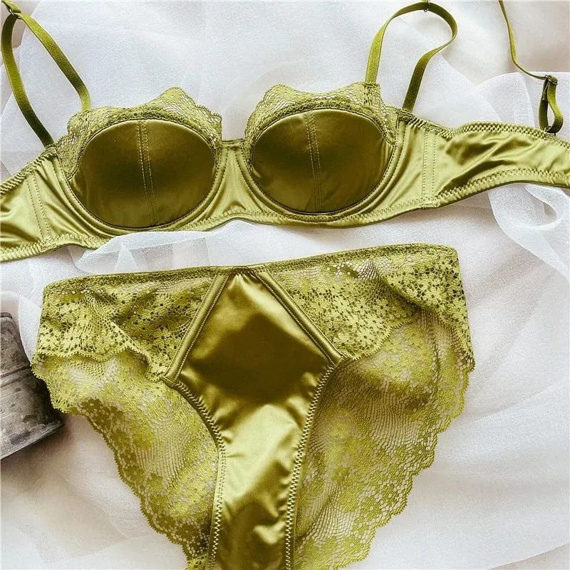 Women Half Cup Lace Bra Set Thin Underwire Sexy Minimizer Bra Anti-Sag Side Support Itago ang Kili-kili Fat Ladies Lingerie Set 2‑38