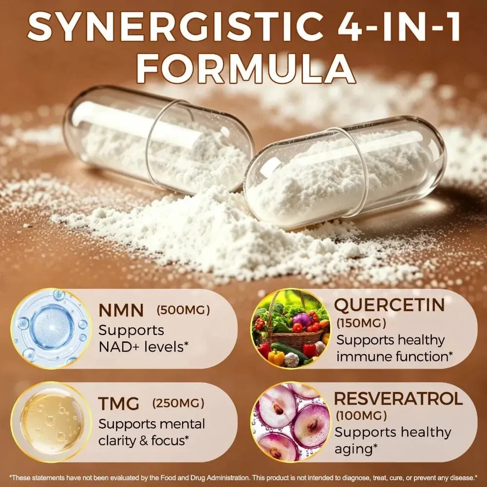 NMN Capsules 1000mg Nicotinamide Mononucleotide NAD+ Cellular Energy TMG Quercetin Resveratrol 120 Vegan Capsules Non-GMO — image 3