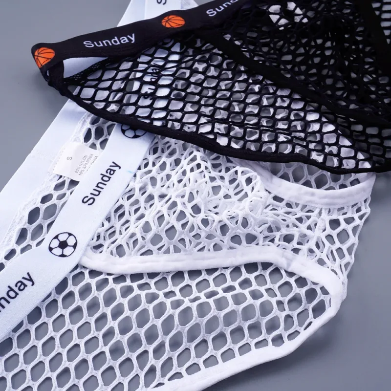 2PCS Basketball Letters Print Low Waist Men Sexy Transparent Nylon Briefs Male Large Mesh Fishnet Underwear for Sports — image 4