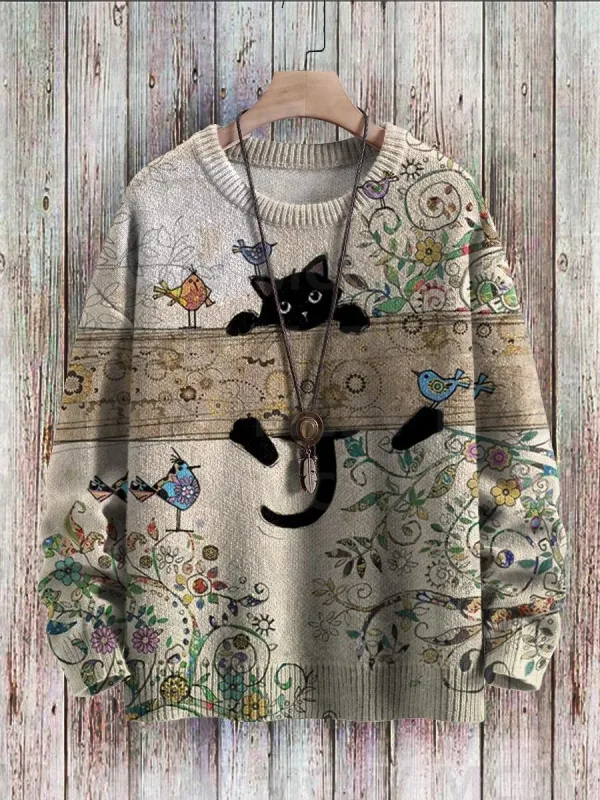 Niedlicher schwarzer Katzen-Blumen-Vögel-Kunstmuster-Druck, lässiger Strickpullover, klassischer Pullover für Herren und Damen