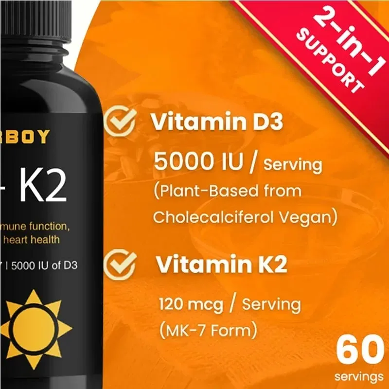 Vitamin D3+K2 Capsules - For Regulate Calcium Metabolism Promote Bone Heart and Immunity System Health