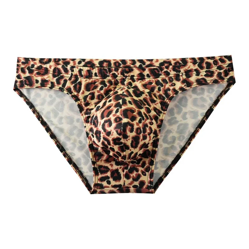 Men's Mid Waist Underwear Sexy Ice Silk Briefs Leopard Printed Breathable Underpants Male Soft Comfortable Panties Cueca Homme