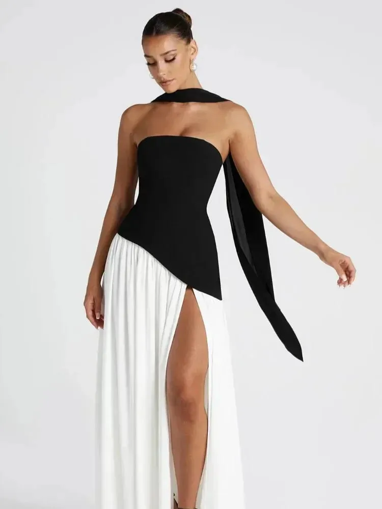 Solid Spliced Ribbon Maxi Dress Women Elegant Strapless Sleeveless Slit Long Dresses 2025 New Summer Holiday Party Lady Vestidos — image 6