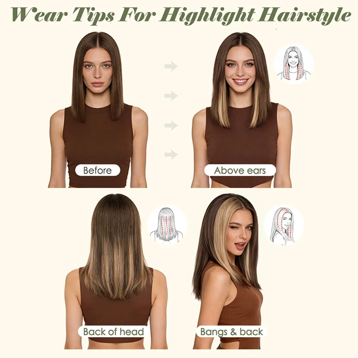 6PCS 6 Clips In Synthetic Hair Extensions Medium Short Straight Clip In Highlights Hairpiece For Women Daily Use