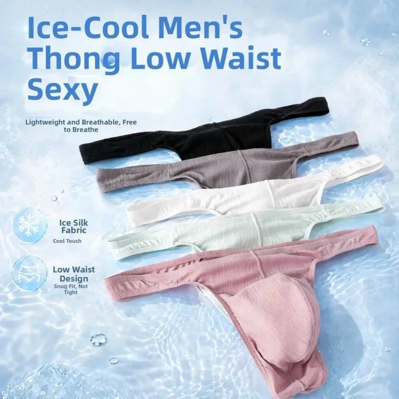 Ice Silk Thongs Men Sexy Underwear Soft Ribbed G-string Breathable Underpants Seamless Panties Male Lingerie Bulge Pouch Briefs