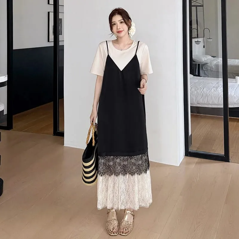 Νέα καλοκαιρινά γυναικεία φορέματα 2026 Loose Plus Size Συνονθύλευμα δαντέλα Vestidos Fake δύο τεμαχίων γυναικείο μπλουζάκι φόρεμα ρόμπα KE6690