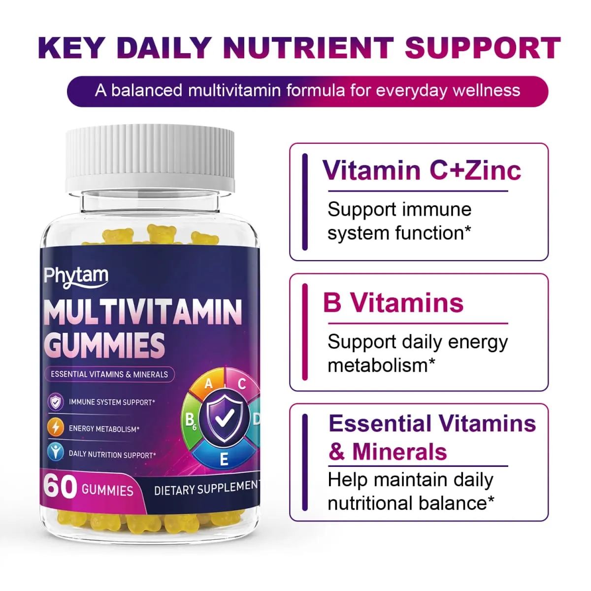 Felnőtt multivitaminos medvegumik 14 az 1-ben vitaminok ásványi anyagok komplex C-vitamin Cink B D energiaanyagcsere Immun napi táplálkozási támogatás 60 szám — image 3