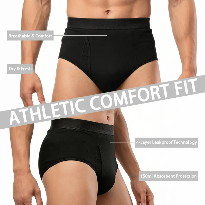 Leak-Proof Antibacterial Sanitary Cotton Men's Incontinence Briefs Absorbent Urinary Underwear Reusable Washable Berif