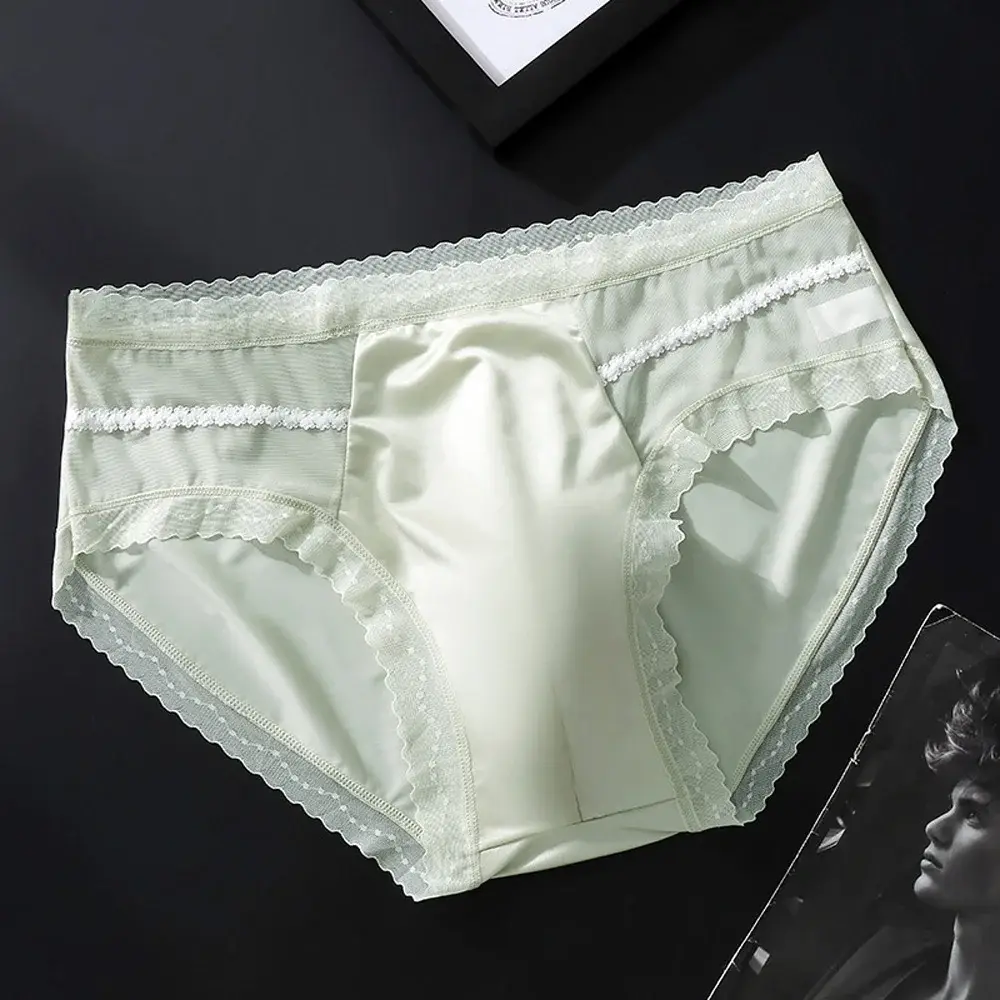 Men's Low Waist Triangle Underwear Sexy Elastic Lace Trim Silk Pouch Ultra-Thin Seamless Underpants plus Size Lingerie