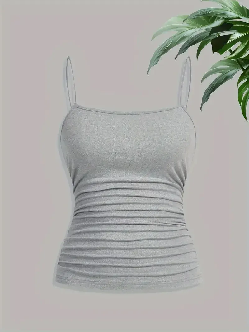 Γυναικείο Κομψό Λεπτό λουράκι Ruched Cami Top Slim Fit Αμάνικο Camisole Soft Stretch Βασικό γιλέκο τανκ Καλοκαιρινή μόδα Εσώρουχα Μαύρο — image 8