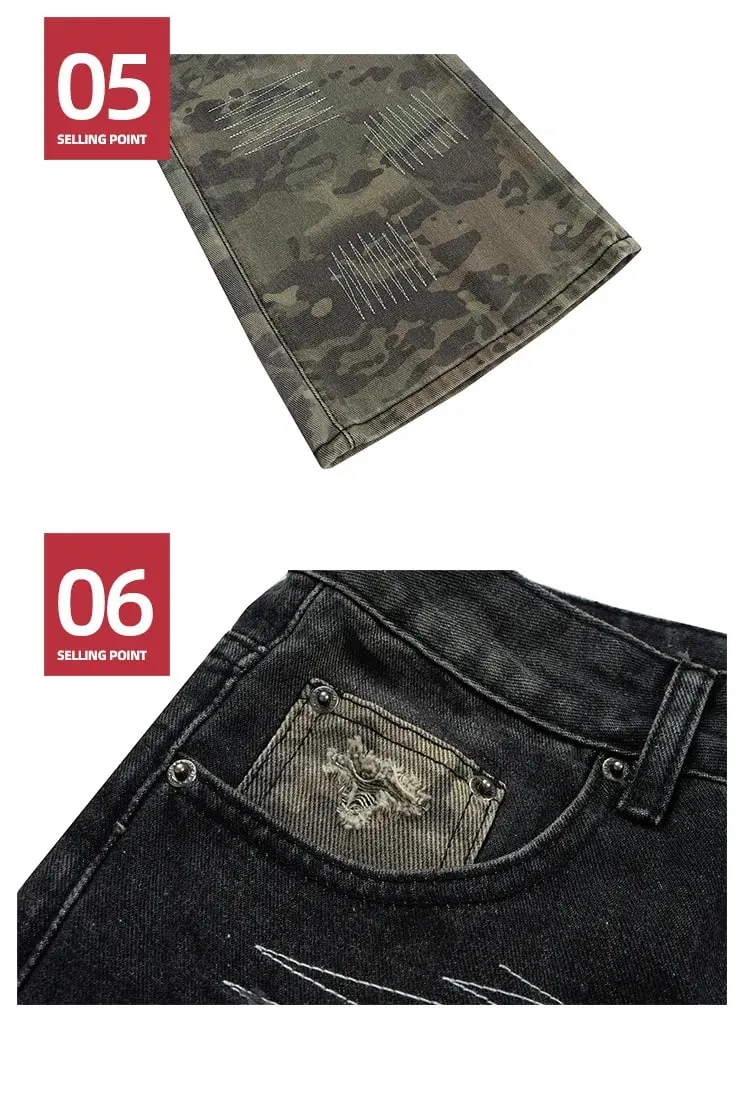 Farmer Férfi és női terepszínű patchwork mosott lyuk kivitelű farmer 2025ss — image 7