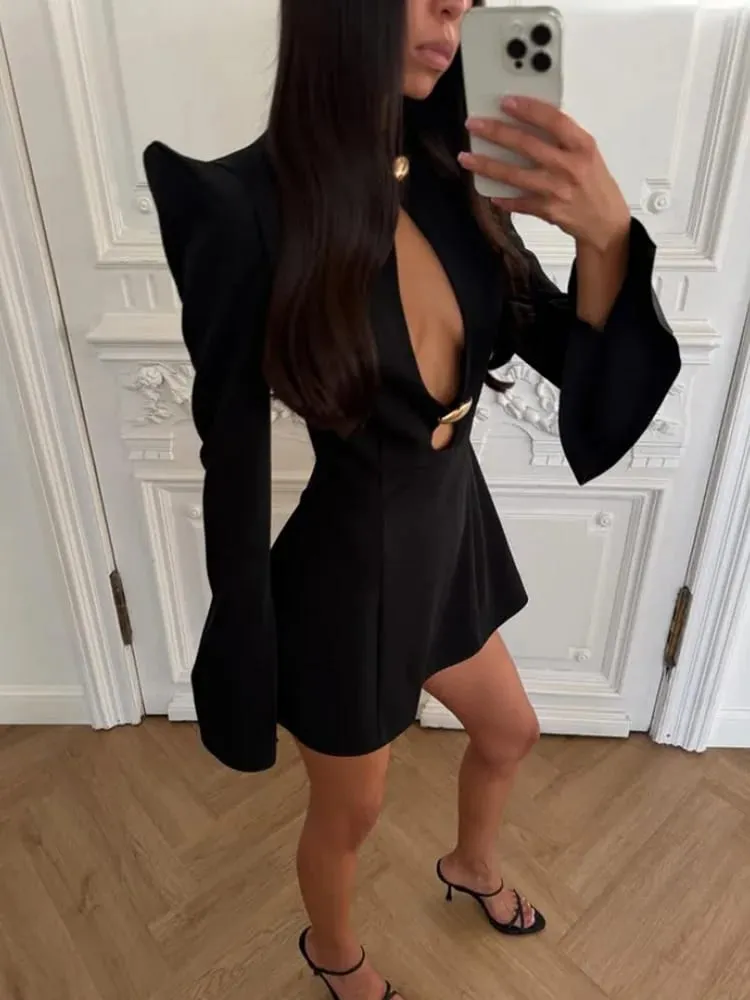 Ahagaga elegante dames mini-jurken effen sexy bodycon slim fit uitgehold normaal lange flare mouw een lijn trend casual dames