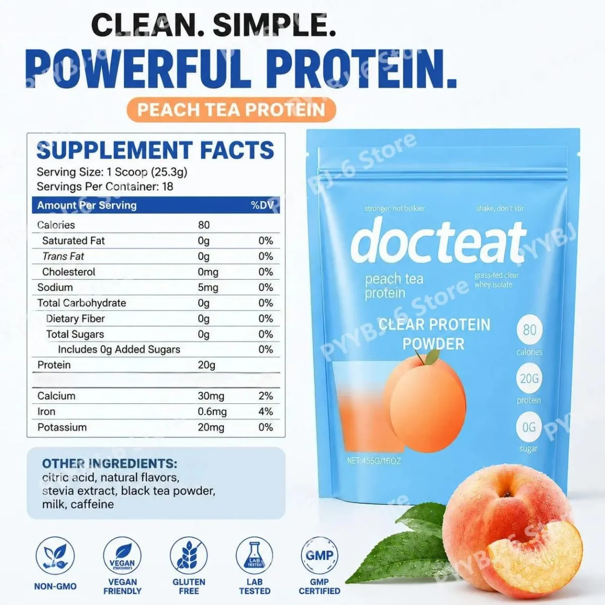 Docteat Peach Tea Clear Protein Powder 455g Whey Isolate & Stevia 20g Protein Low Fat 0g Sugar Fitness Workout Recovery Support