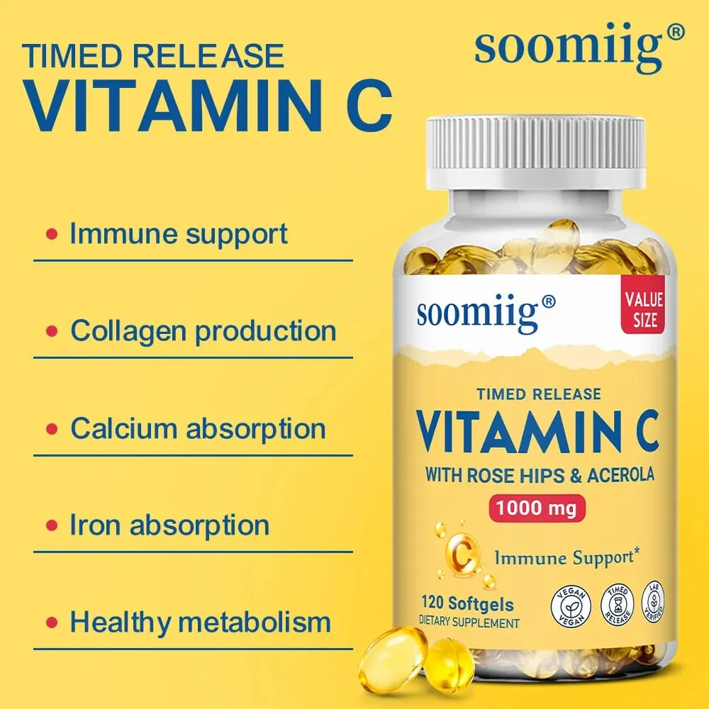 Vitamin C W/Rose Hips & Acerola | 1000mg | Two-Stage Timed-Release Healthy Immune Function Skin Hair & Nails Support | Non-GMO