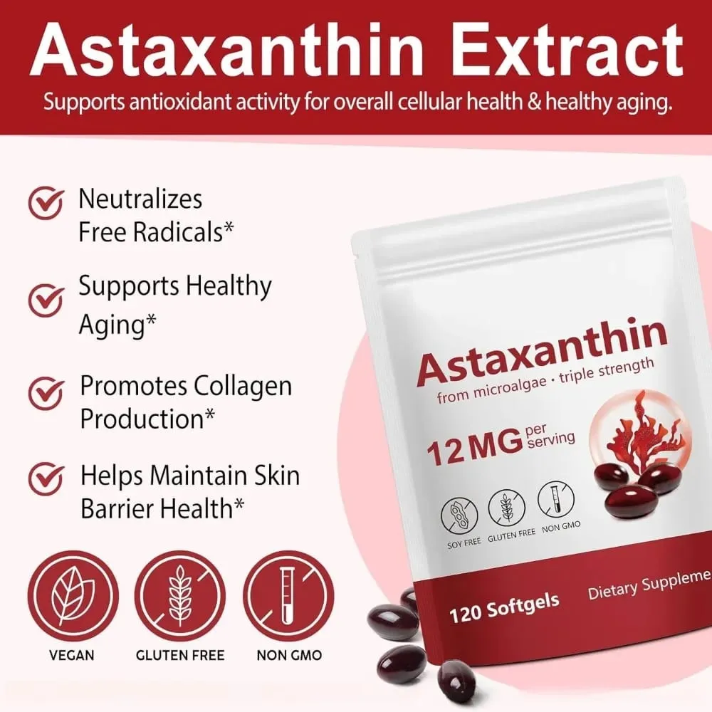 Astaxanthin 12mg Softgels תמיכה בנוגדי חמצון בעוצמה משולשת לעור מפרקי עיניים ובריאות החיסונית - אספקה ​​של 120 ספירות למשך 4 חודשים
