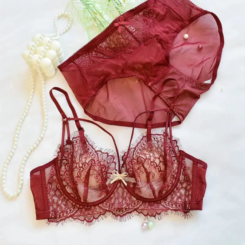 Κορεάτικο Hot Trend Pure Desire Δαντελένιο Σετ σουτιέν Underwire Thin Cup Push Up Μεγάλο Μπούστο Οπτικά Μικρό Anti Droop Εσώρουχα 32-38 Hot