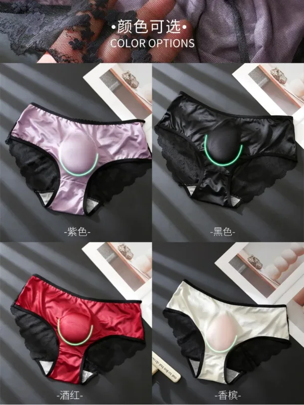 Women Panties for Men French Lace Satin Briefs Breathable U Convex Pouch Underpant Sexy Ruffle Lace Male Crossdresser Underwear