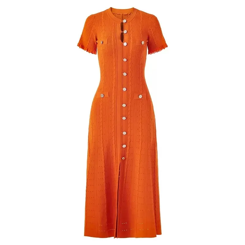 Vintage Cable Knit Midi φόρεμα με κουμπί μπροστά με βολάν με κοντό μανίκι σχέδιο τσέπης Κομψό πάρτι casual πλεκτό φόρεμα
