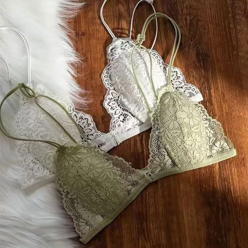 French Style Sexy Lace Thin Triangle Bra With Front Button Women's No Steel Ring Wireless Lingerie Underwear Beautiful Back Bra