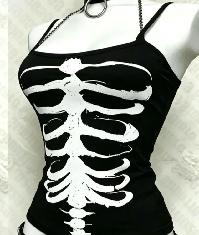 Y2K Gothic Alt ujjatlan Crop felső Vintage grunge csontváz elöl, hátul, grafikus karcsú női csontváz bordás gerincű Cami felsők — image 5