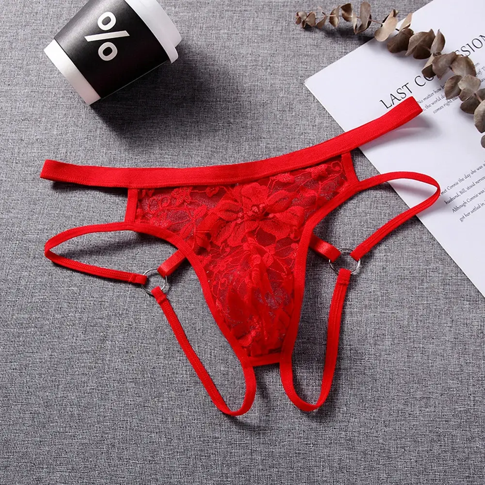 ชุดชั้นในเซ็กซี่ชาย G-Strings ชุดชั้นใน Exotic กางเกง SHEER Lace POUCH Hollow OUT Lace ดอกไม้รูปแบบเข็มขัดปรับ — image 7