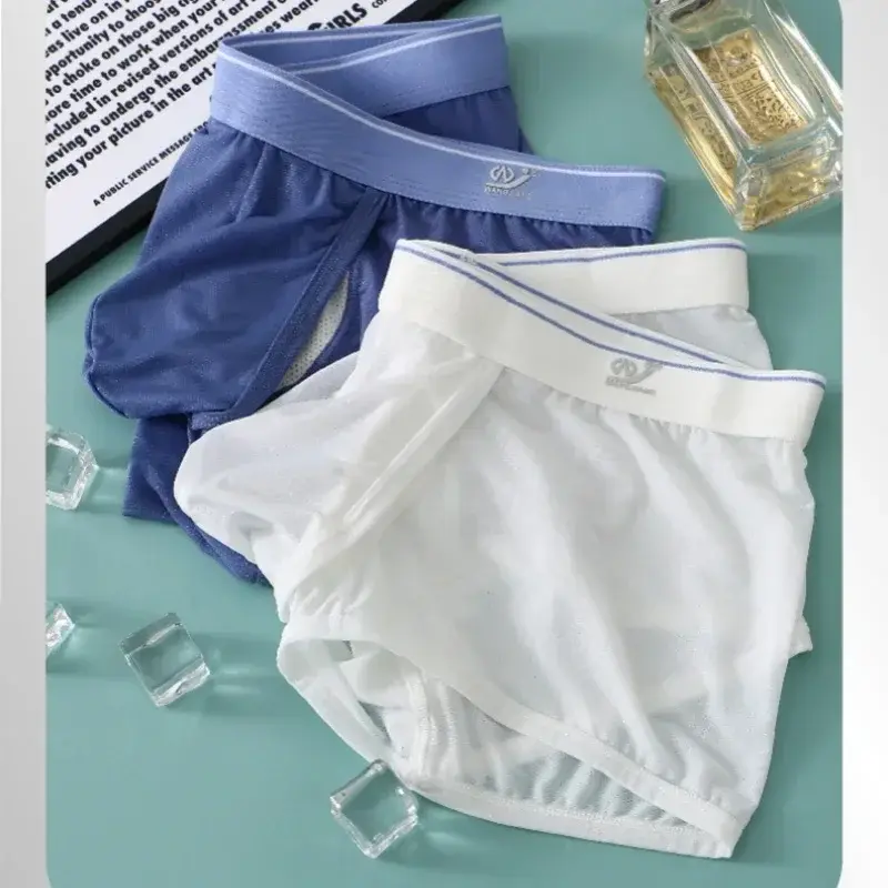 1pc/2pcs Panlalaking Ice Silk Boxer Briefs Sexy Elastic Low Waist Underwear Open Front Soft Pouch Shorts Trunks — image 5