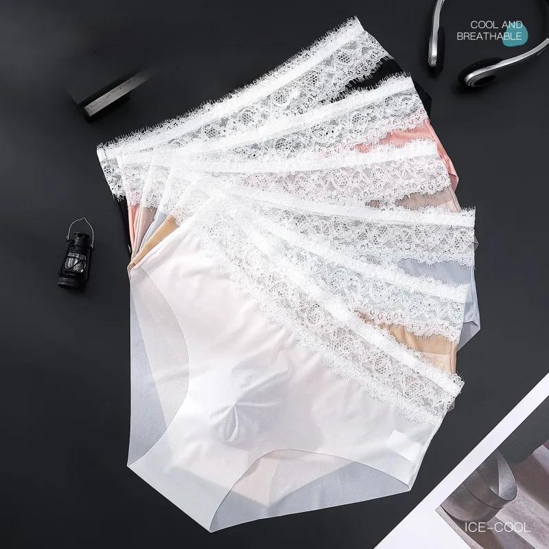 Pantaloni a triangolo da uomo in seta ghiacciata con bordo in pizzo, biancheria intima da uomo sottile traspirante senza tracce, slip maschili morbidi e confortevoli a vita bassa — image 3