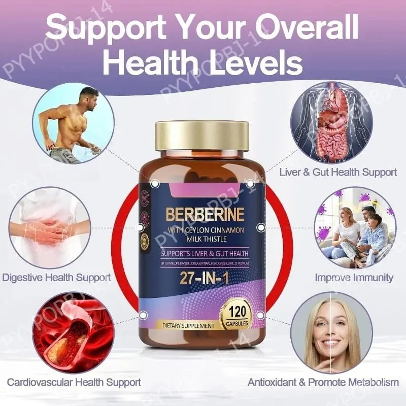 27 in 1 Berberine Supplement with Ceylon Cinnamon Milk Thistle for Liver Gut Health Immunity Men & Women 120 Vegan Capsules