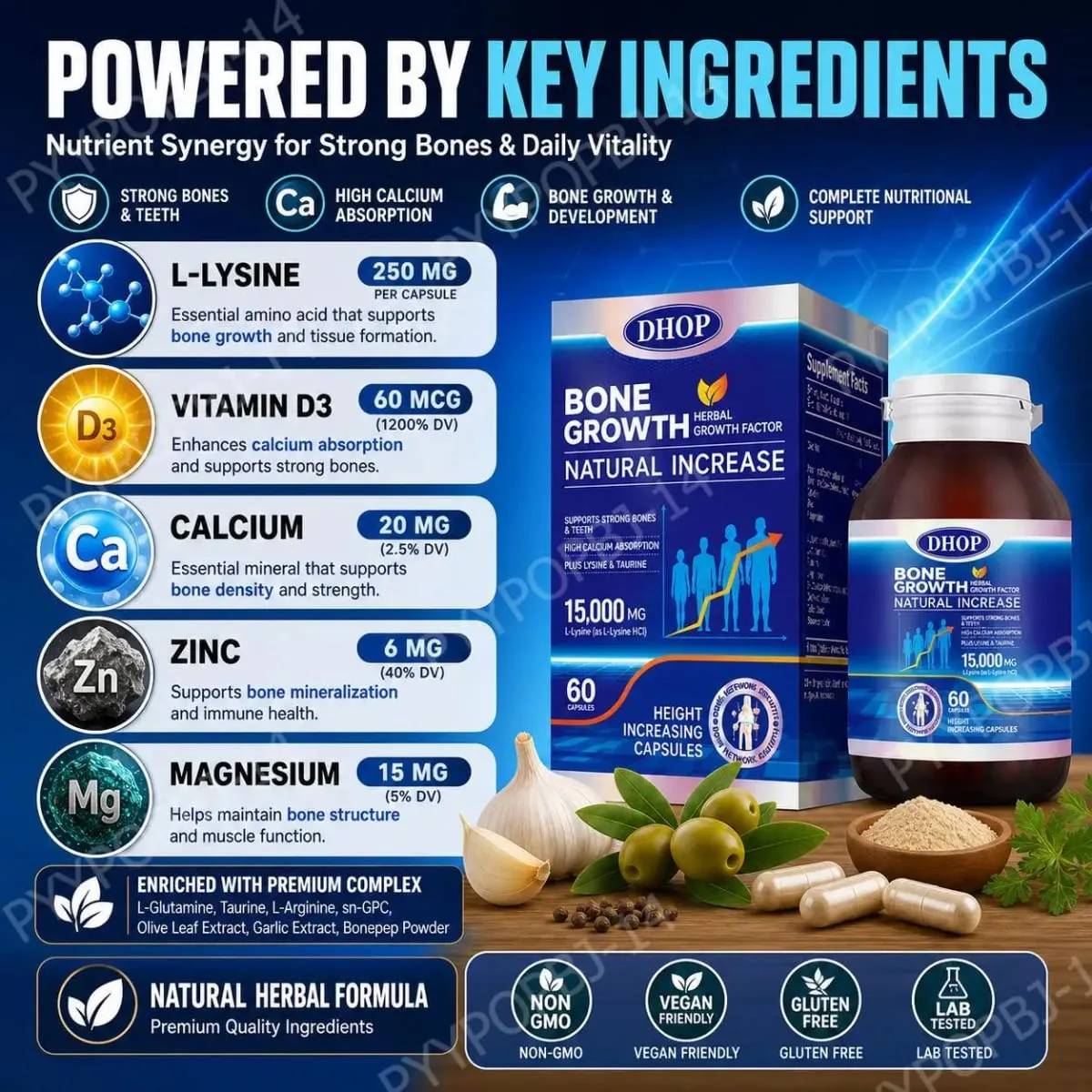 Bone Growth Natural Increase Capsules with L-Lysine Vitamin D3 Calcium & Zinc; Supports Strong Bones & Teeth 60 Capsules