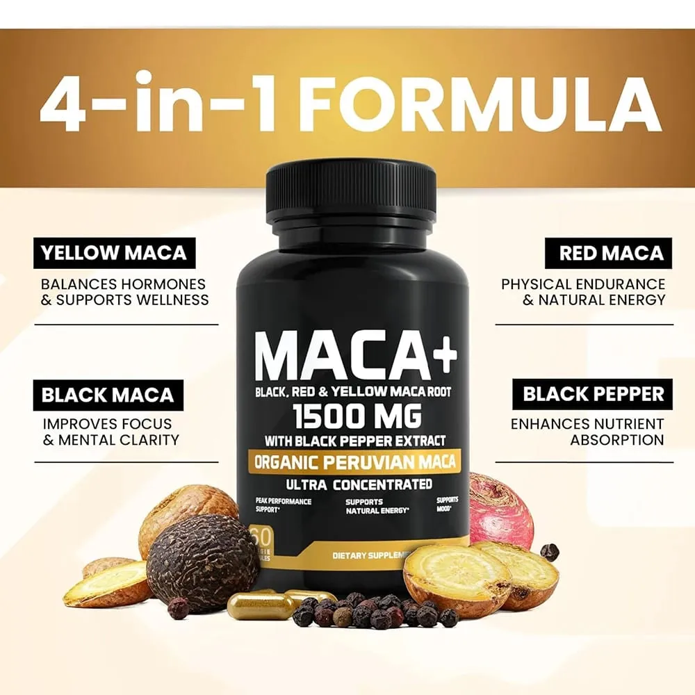 Βιολογικές κάψουλες Maca Root Powder 1500mg με Μαύρο+Κόκκινο+Κίτρινο Περουβιανό συμπλήρωμα ρίζας Maca για άνδρες και γυναίκες - Vegan χάπια — image 4