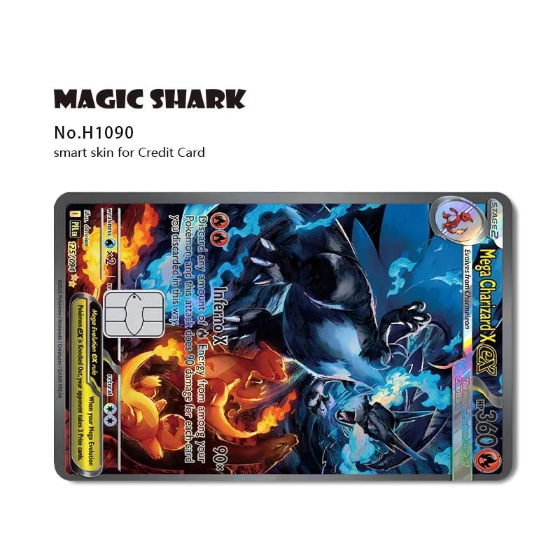 Magic Shark Mew Charizard EX Eevee Gengar Pikachu TCG Αυτοκόλλητο με ολογραφικό δέρμα λέιζερ για τραπεζική πιστωτική κάρτα