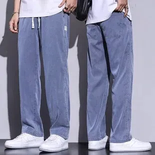 S-5XL 6Style Men's Loose Jeans Summer Soft Lyocell Thin Fabric Straight Pants Drawstring Elastic Waist Korea Casual Trousers Y2K