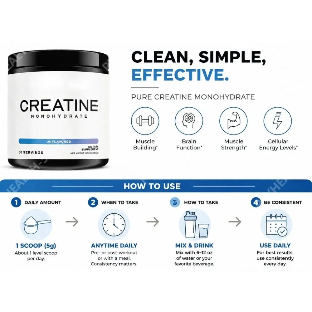 Creatine Monohydrate Powder 5000mg 60 Servings Unflavored Daily Fitness Support Supplement Vegan Gluten Free 300g — image 7