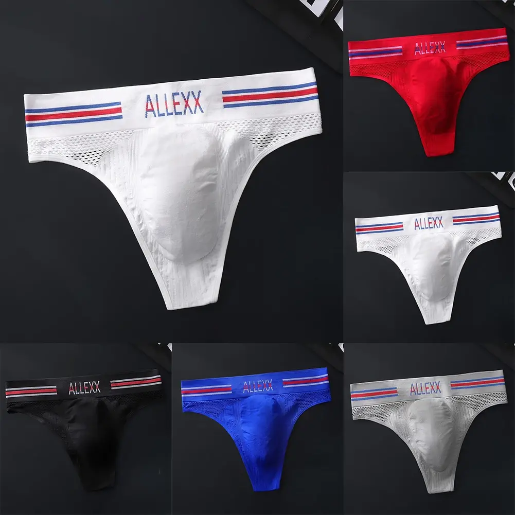 1pc Men's G-String Underwear 3D Bulge Pouch Striped Letter Printing Briefs Elastic Mesh Breathable Comfortable Thongs