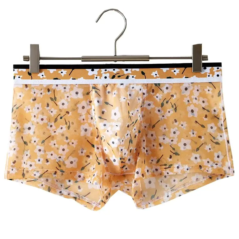 Men's Mesh Boxer Briefs Floral Print Ice Silk Underwear Ultra-Thin Transparent Breathable Soft High Stretch Quick-Dry Panties