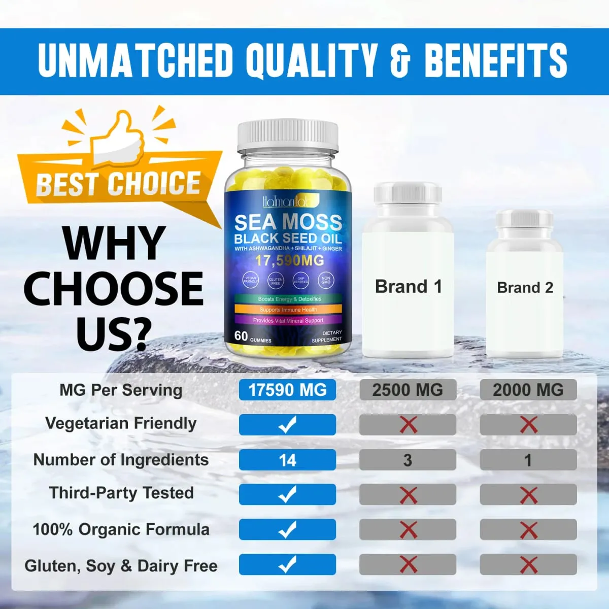 HalmanLabs Sea Moss Black Seed Oil Gummies with Vitamin C and Vitamin D for Immune Health and Vital Mineral Support 60 Gummies
