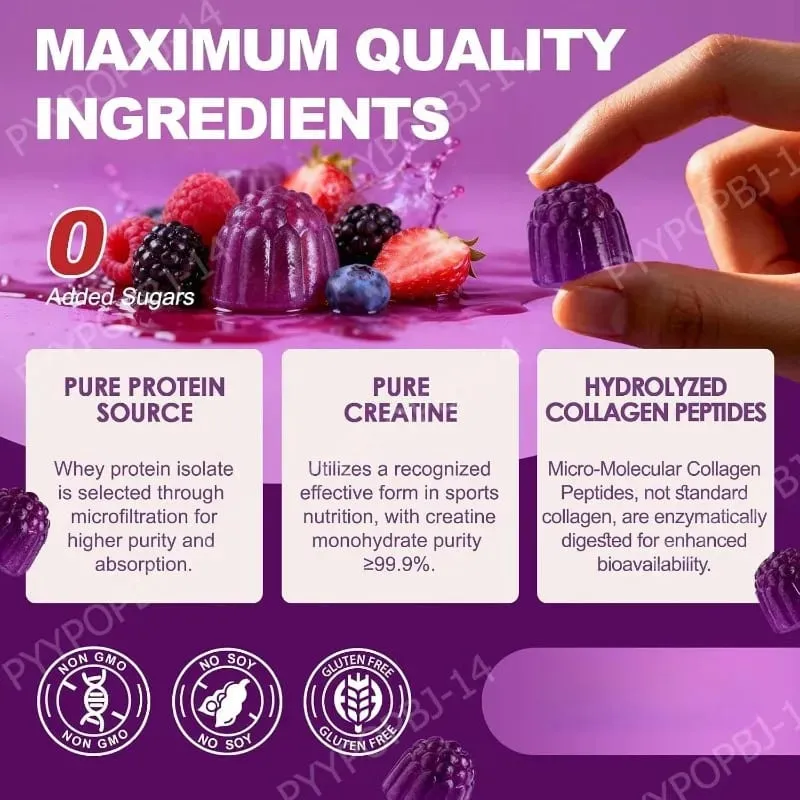 Protein Gummies with Whey Creatine Collagen 12g Protein Muscle Support Energy Nutrition Sugar Free Fitness Supplement 60 Gummies — image 7