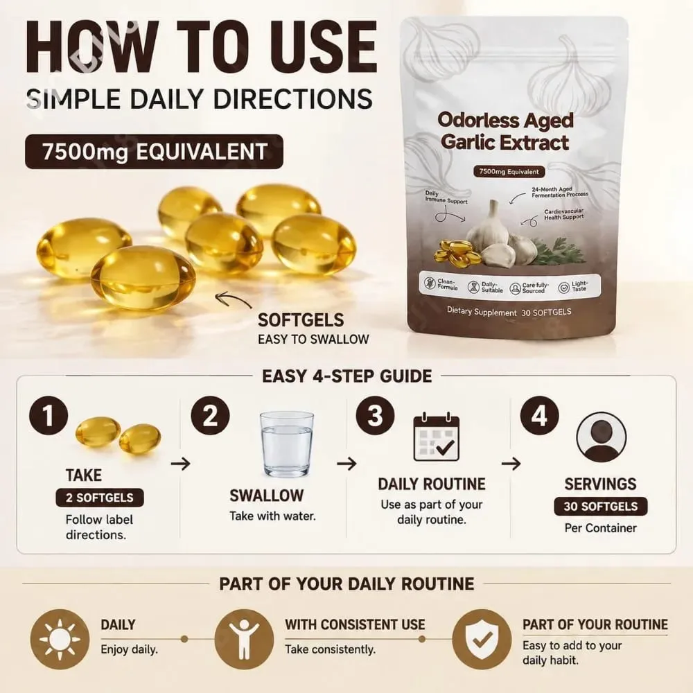 Odorless Aged Garlic Extract Softgels 7500mg 24-Month Fermented herbal Botanical Formula Cardiovascular Immune Support 30 Count — image 5