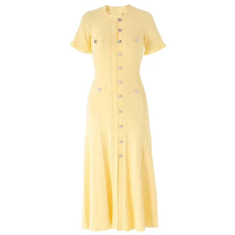 Vintage Cable Knit Midi φόρεμα με κουμπί μπροστά με βολάν με κοντό μανίκι σχέδιο τσέπης Κομψό πάρτι casual πλεκτό φόρεμα