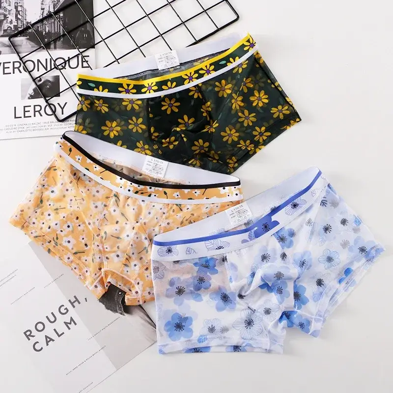 Men's Mesh Boxer Briefs Floral Print Ice Silk Underwear Ultra-Thin Transparent Breathable Soft High Stretch Quick-Dry Panties