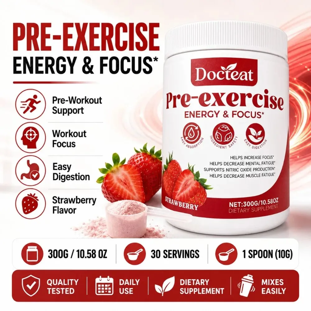 Docteat Pre Workout Powder Strawberry Energy & Focus Support Beta-Alanine L-Citrulline Rhodiola 300g 30 Servings Drink Mix