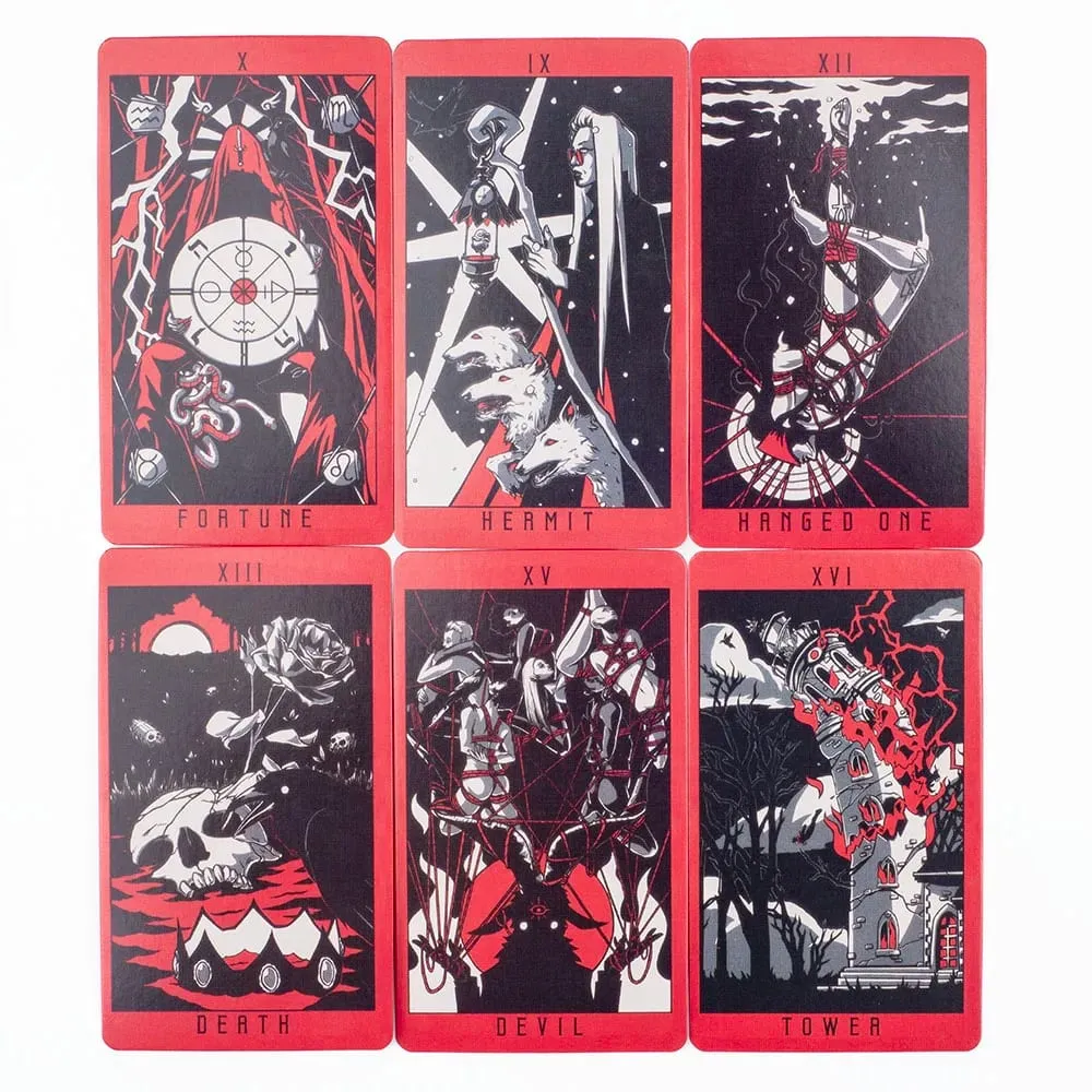 Lost Hollow Tarot 80 kártyás játékkészlet útmutatóval - piros aranyozott élekkel, tökéletes családi bulikhoz, kompakt méret 10,3x6 cm