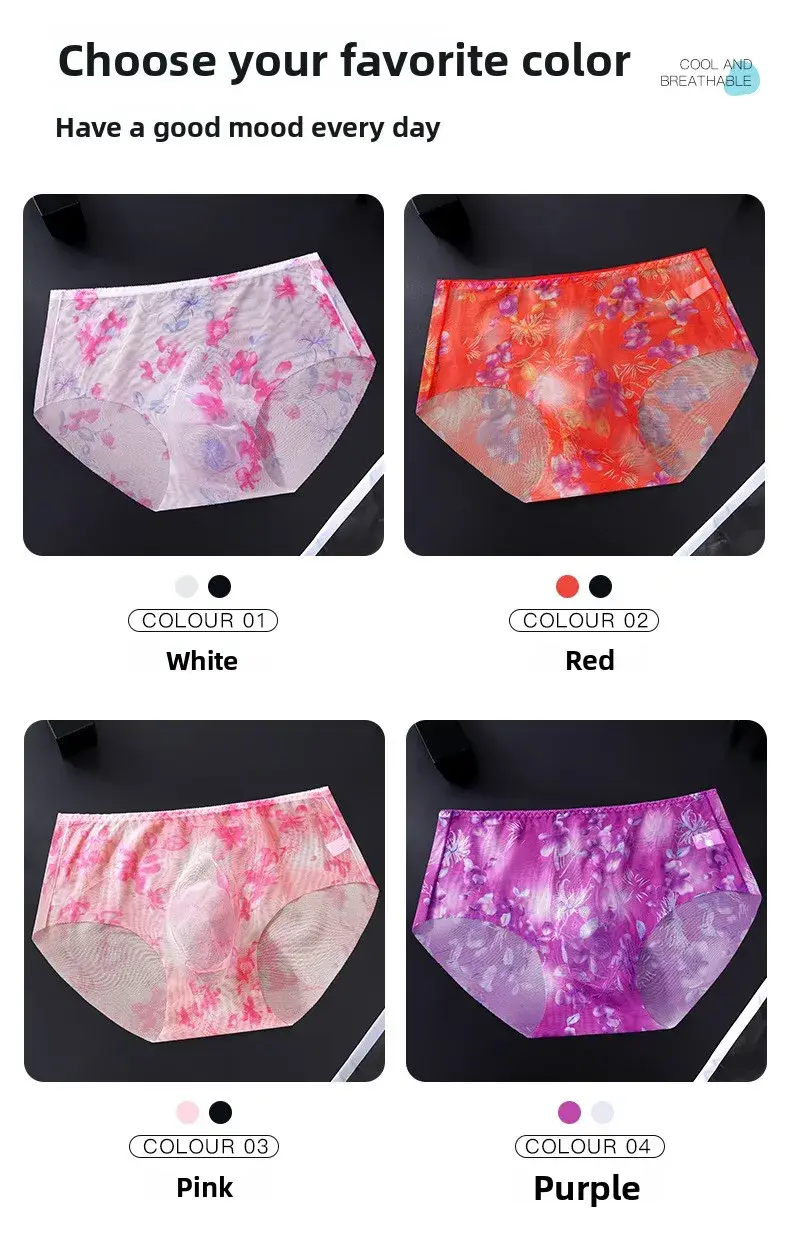 Men's 3D Space Capsule Molded Pouch Briefs Floral Print Sheer Mesh Ice Silk Ultra Thin High Elastic Male Underwear