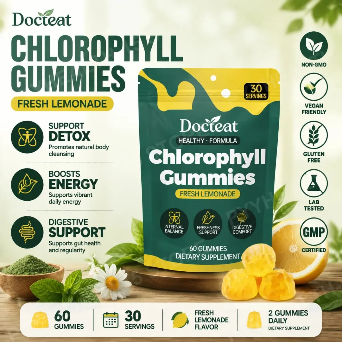 Docteat Chlorophyll Gummies Lemonade Gut Nutrition Balance με πρεβιοτική ινουλίνη και ίνες μήλου Digestive Wellness 60 Gummies — image 2