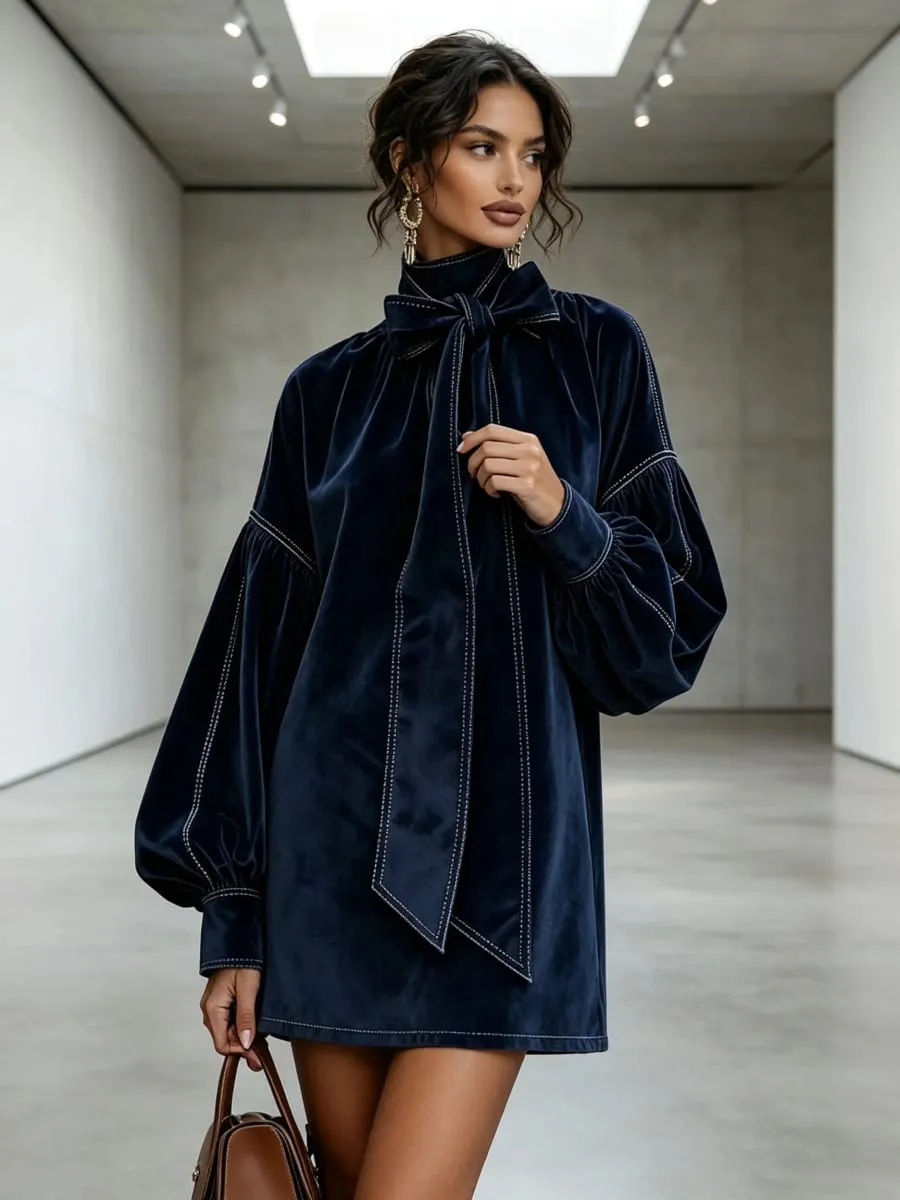 Amerikai retro magas gallérú lámpás ujjú hosszú ujjú csokornyakkendő elegáns bársony női mini ruhák alkalmi őszi High Street ruha — image 6