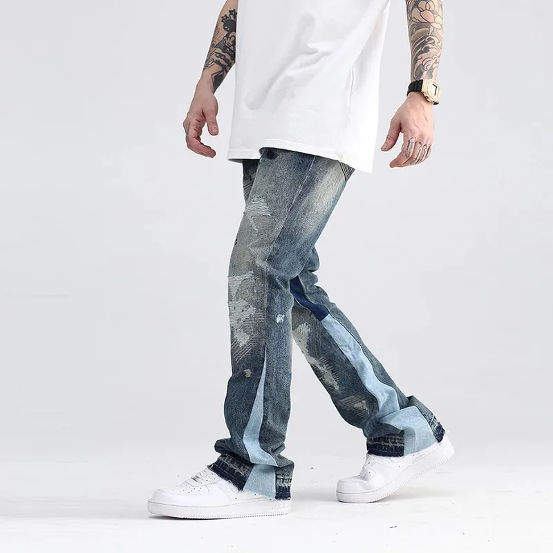 Blue Speckle Ink Washed Flared Jeans Slim Fit Hip Hop Graffiti Ripped Denim Παντελόνι Ανδρικό Streetwear Vintage Φαρδύ τζιν παντελόνι Y2k