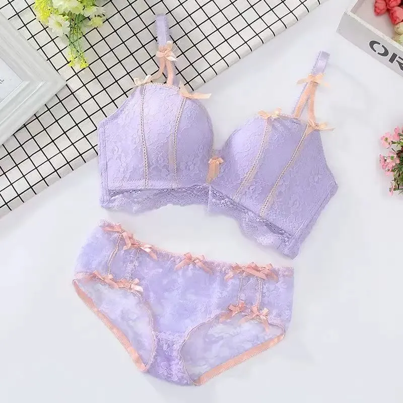 Bagong Sweet Seamless Lace Push Up Lingerie Para sa mga Babae Maliit na Breast Gathering Non-steel Ring Adjustable Bra Set