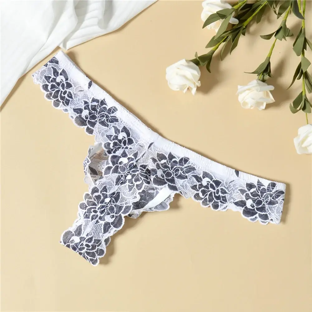 Men Floral Lace Thong Low Rise Elastic Waist G‑String Breathable See‑Through Floral Print Male Underwear Sexy Lingerie Panties