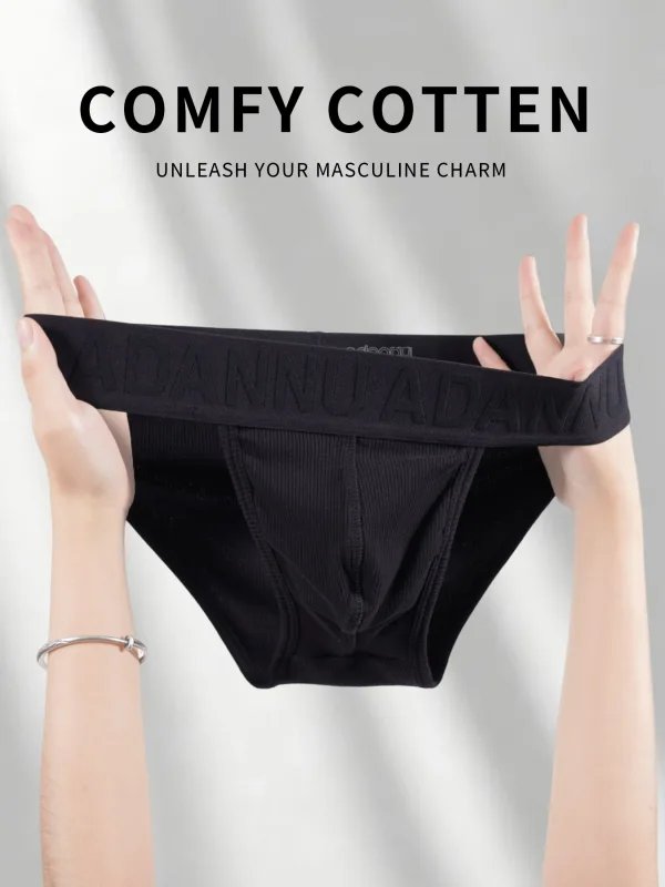 Men's Cotton Ribbed Skin-Friendly Bare Feel Convex Pouch Briefs, Embossed Letter Wide Waistband Slim Fit Underwear