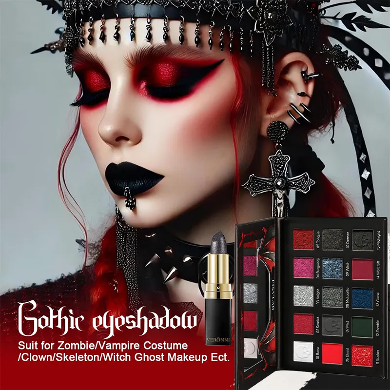 Gothic Eyeshadow Palette 15 Colors & Black Lipstick - Dark Romantic Smoky Eye Vampire Halloween Makeup Matte Shimmer Dark Lip